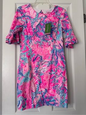 Lilly Pulitzer Pink & Blue Tropical Ruffle-Sleeve Shift Dress